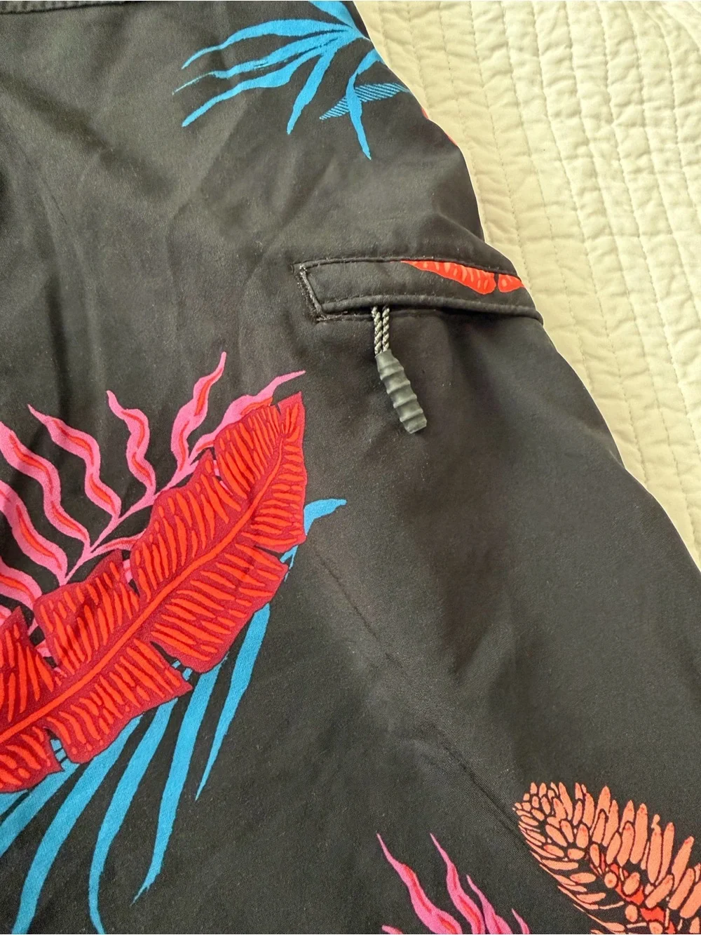 Volcom Black Board Shorts with Red, Pink & Blue Tropical Leaves